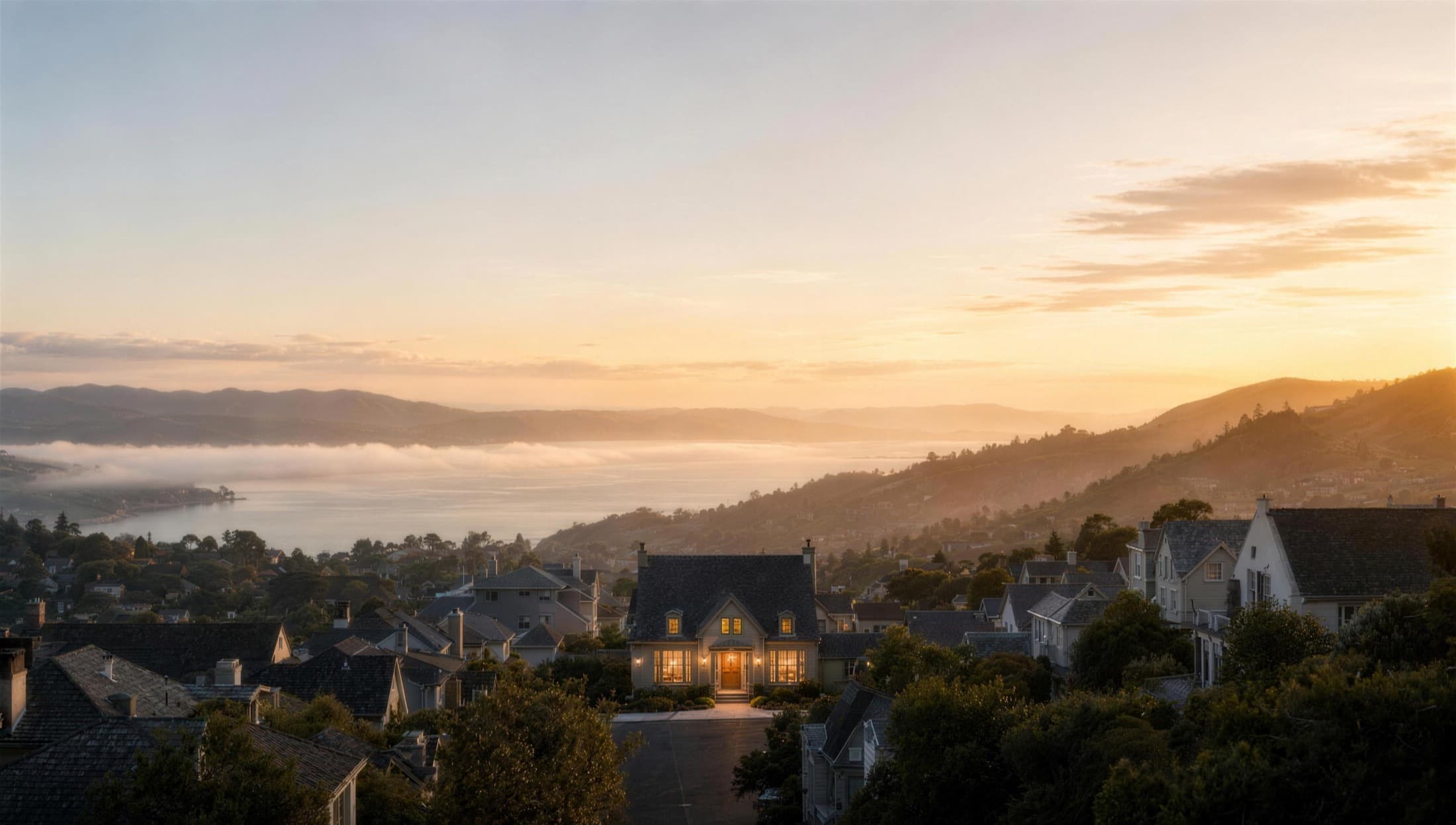 Dawn over a hillside neighborhood, one house with a warm lit porch